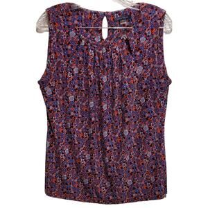 Tommy Hilfiger Red Black Blue Floral Sleeveless Pleated Ruched Neck Blouse Large